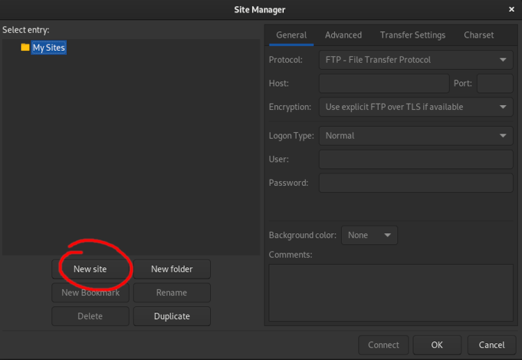 FileZilla New Site